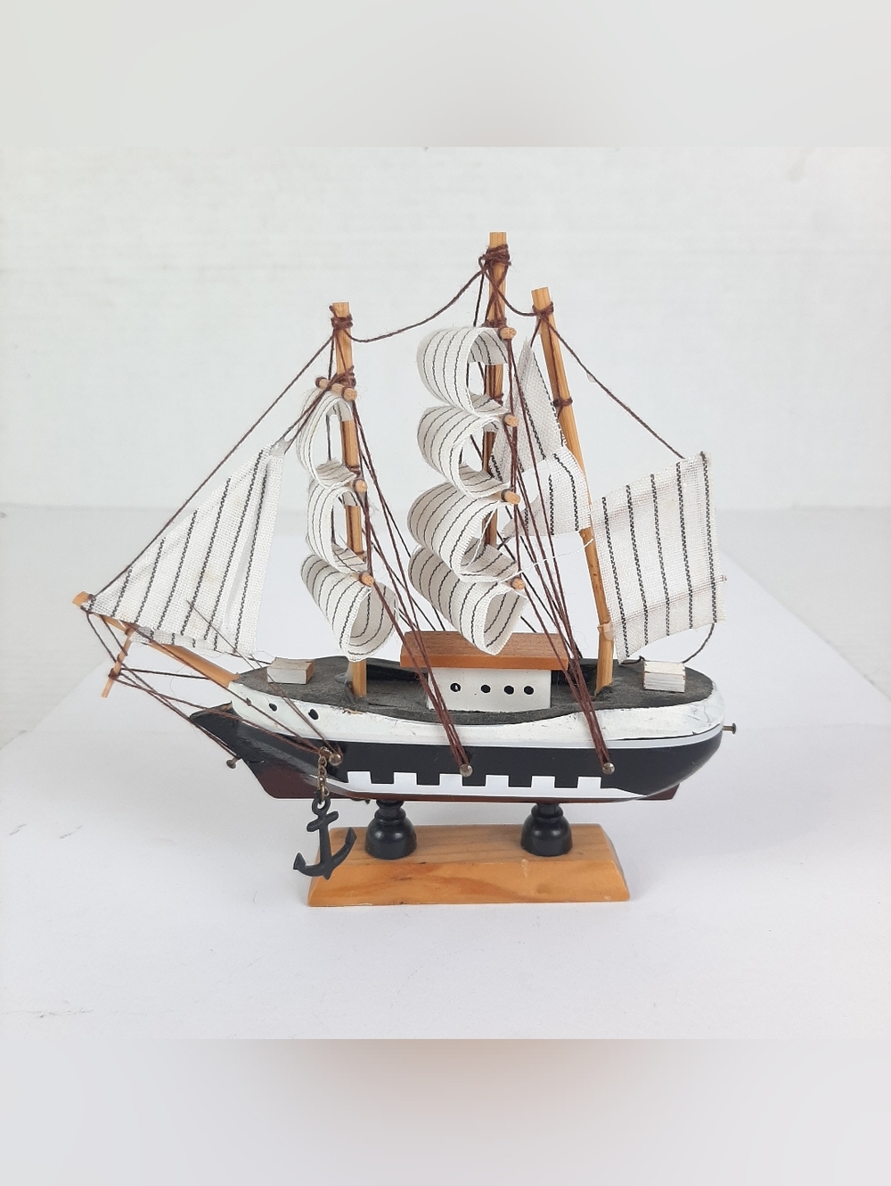 Small 6" Tall Wooden Decorative Ship Model With Sails And Anchor